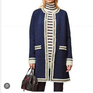 Tory Burch Kendra Fringe Trimmed Sweater Coat In Navy Blue, Size XL